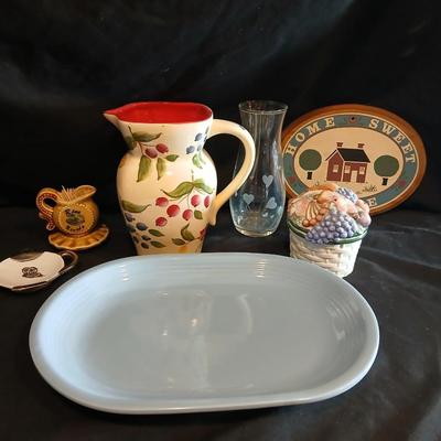 Gibson serving platter, Pitcher with fruit print, small kitchen items salt & pepper and more