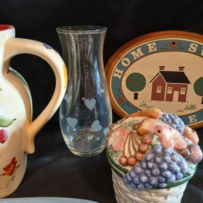 Gibson serving platter, Pitcher with fruit print, small kitchen items salt & pepper and more