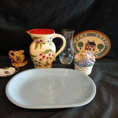 Gibson serving platter, Pitcher with fruit print, small kitchen items salt & pepper and more