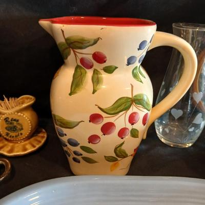 Gibson serving platter, Pitcher with fruit print, small kitchen items salt & pepper and more