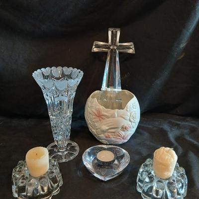 Beautiful and heavy Lead crystal cross with vases, and candle holders