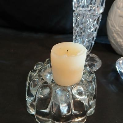 Beautiful and heavy Lead crystal cross with vases, and candle holders