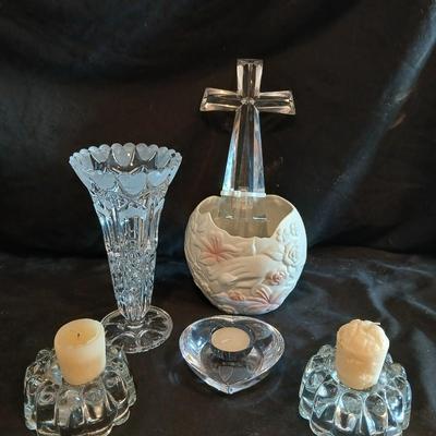 Beautiful and heavy Lead crystal cross with vases, and candle holders