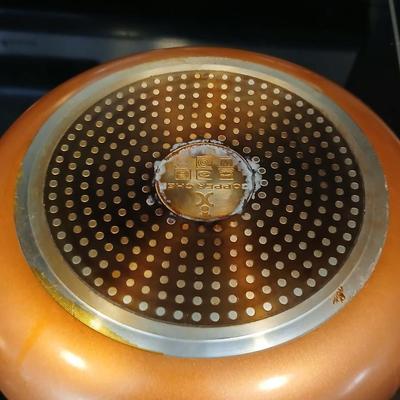 Three Copper Chef frying pans 8, 10, and 12" pans with electric burner