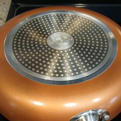 Three Copper Chef frying pans 8, 10, and 12" pans with electric burner