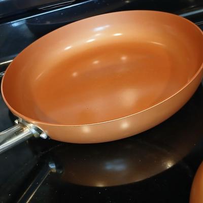 Three Copper Chef frying pans 8, 10, and 12" pans with electric burner