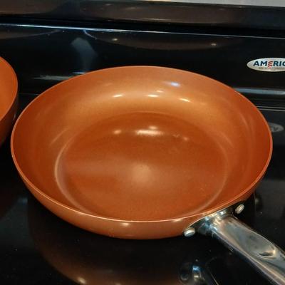 Three Copper Chef frying pans 8, 10, and 12" pans with electric burner