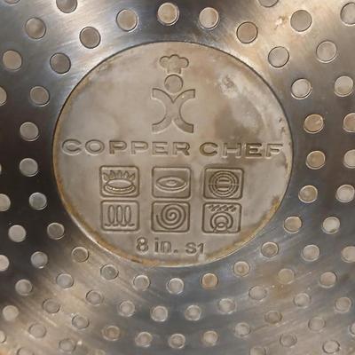 Three Copper Chef frying pans 8, 10, and 12" pans with electric burner