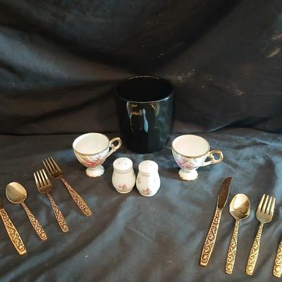 Two dainty teacups with salt & pepper and gold toned Americana Golden Heritage flatware