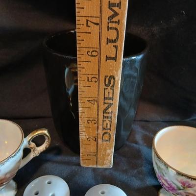 Two dainty teacups with salt & pepper and gold toned Americana Golden Heritage flatware