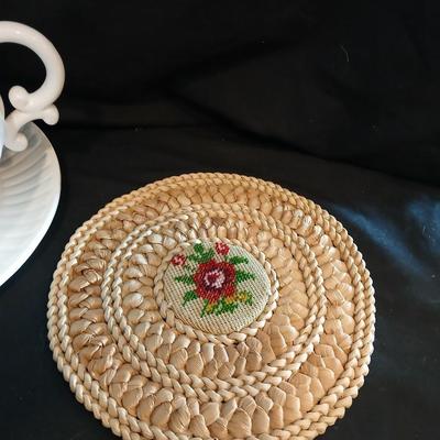 Vintage Soup tureen with ladle and embroidered wicker pad