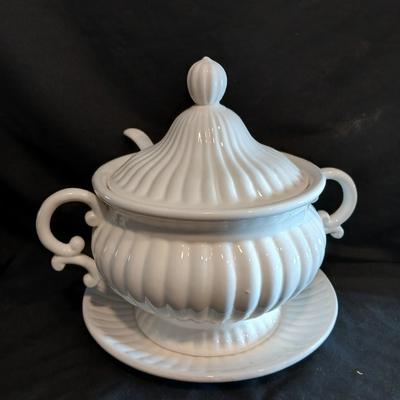 Vintage Soup tureen with ladle and embroidered wicker pad