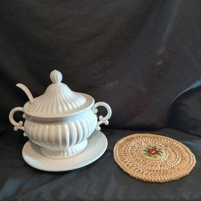 Vintage Soup tureen with ladle and embroidered wicker pad