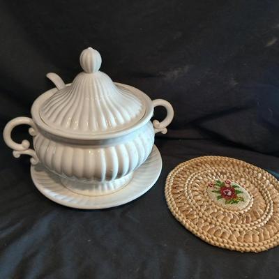 Vintage Soup tureen with ladle and embroidered wicker pad