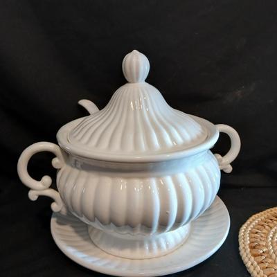 Vintage Soup tureen with ladle and embroidered wicker pad