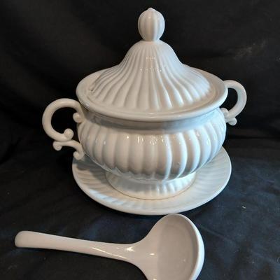 Vintage Soup tureen with ladle and embroidered wicker pad