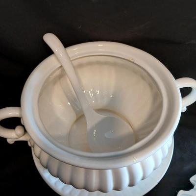Vintage Soup tureen with ladle and embroidered wicker pad