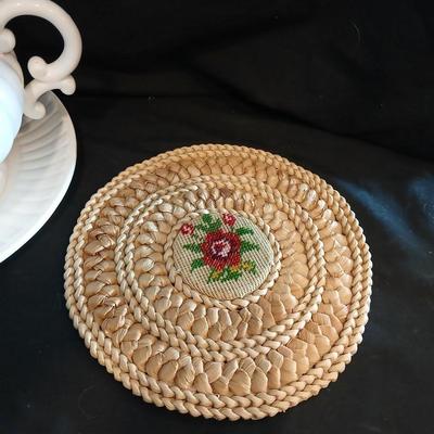 Vintage Soup tureen with ladle and embroidered wicker pad