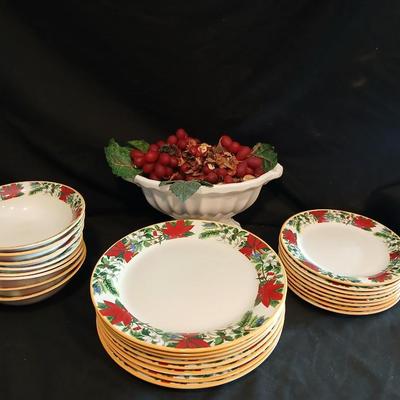 Vintage ceramic dish full of faux grapes and a nice Gibson Christmas poinsettia dish set 24 pieces