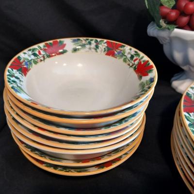 Vintage ceramic dish full of faux grapes and a nice Gibson Christmas poinsettia dish set 24 pieces