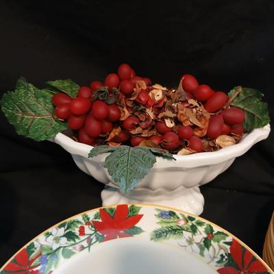 Vintage ceramic dish full of faux grapes and a nice Gibson Christmas poinsettia dish set 24 pieces