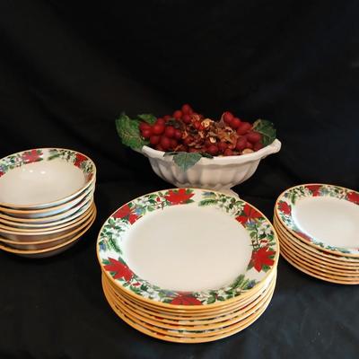 Vintage ceramic dish full of faux grapes and a nice Gibson Christmas poinsettia dish set 24 pieces