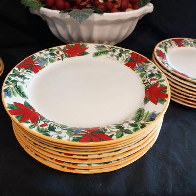 Vintage ceramic dish full of faux grapes and a nice Gibson Christmas poinsettia dish set 24 pieces