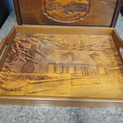 Wooden bread box with three-piece glass with wooden lid canisters and a decorative wood tray