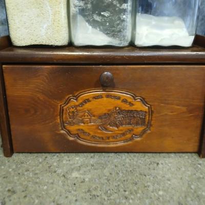 Wooden bread box with three-piece glass with wooden lid canisters and a decorative wood tray