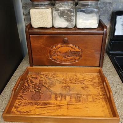 Wooden bread box with three-piece glass with wooden lid canisters and a decorative wood tray