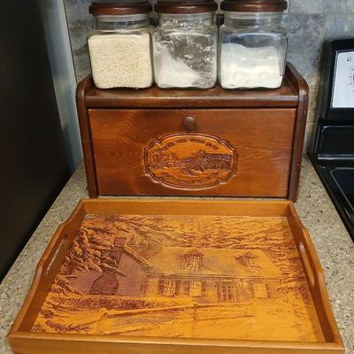 Wooden bread box with three-piece glass with wooden lid canisters and a decorative wood tray