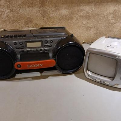 Sony Sports boombox with small Sylvania television