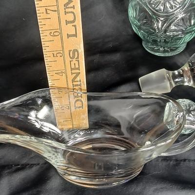 Kitchen glassware Princess house sugar & cream dishes, decanter with stoppers, and a gravy boat