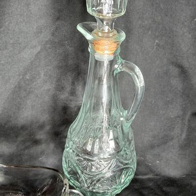 Kitchen glassware Princess house sugar & cream dishes, decanter with stoppers, and a gravy boat