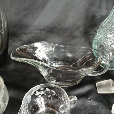 Kitchen glassware Princess house sugar & cream dishes, decanter with stoppers, and a gravy boat