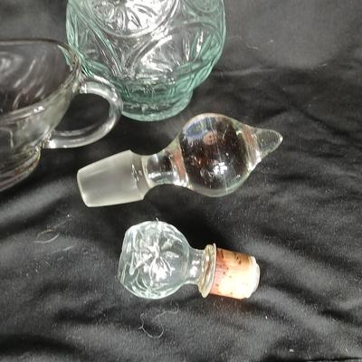 Kitchen glassware Princess house sugar & cream dishes, decanter with stoppers, and a gravy boat