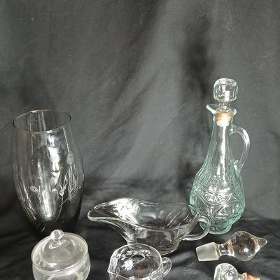 Kitchen glassware Princess house sugar & cream dishes, decanter with stoppers, and a gravy boat