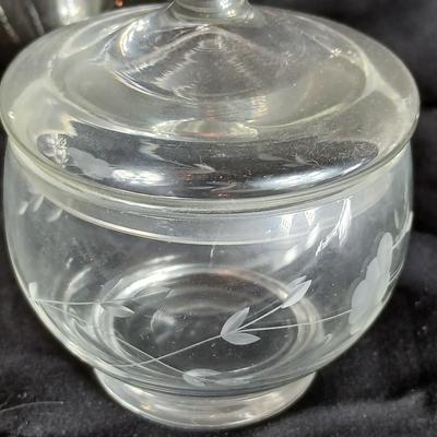 Kitchen glassware Princess house sugar & cream dishes, decanter with stoppers, and a gravy boat