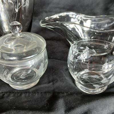 Kitchen glassware Princess house sugar & cream dishes, decanter with stoppers, and a gravy boat