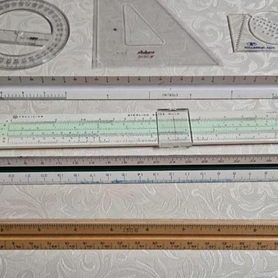 Slide Ruler, Drafting Triangles, 3 Sided Triangle Rulers, & More