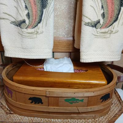 Three Rainbow trout hand towels and a basket with bear and fish on it