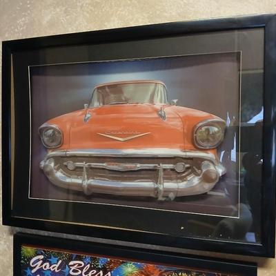 Two framed vintage car wall art one lights up! and a bunch of pictures and calendar photos of hot rods