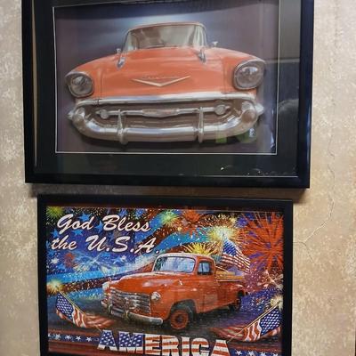 Two framed vintage car wall art one lights up! and a bunch of pictures and calendar photos of hot rods