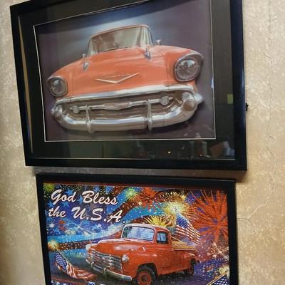 Two framed vintage car wall art one lights up! and a bunch of pictures and calendar photos of hot rods
