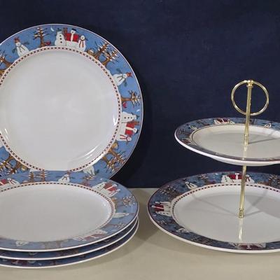Sakura Snowmen Dinner Plates (4) and 2 Tier Stand