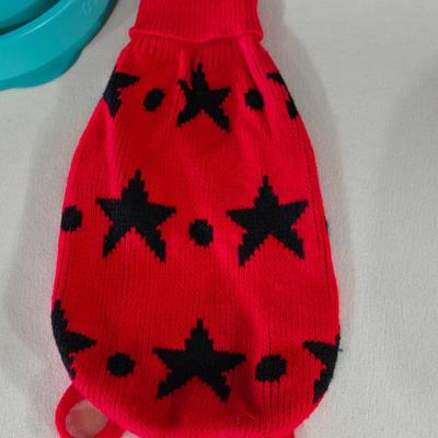 (2) Small Dog Sweaters and Water Bowl