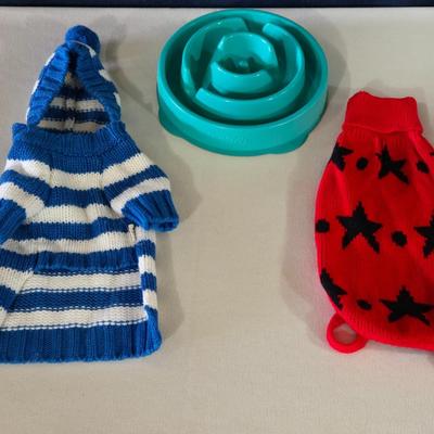 (2) Small Dog Sweaters and Water Bowl