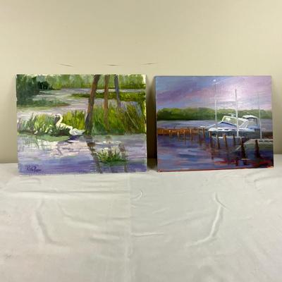 101 Two Original Oil Paintings "Family" & Docked Boat" by Kathie Rogers