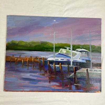 101 Two Original Oil Paintings "Family" & Docked Boat" by Kathie Rogers