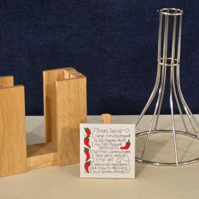 Mixed Kitchen Lot- Chicken Roasting Stand, Bagel Cutting Stand, and Recipe Holder